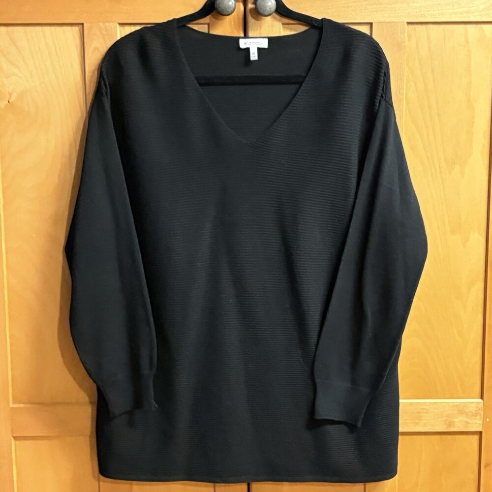 Ella Moss Sweater XL Womens Black Ribbed on Front V Neck Long Sleeve